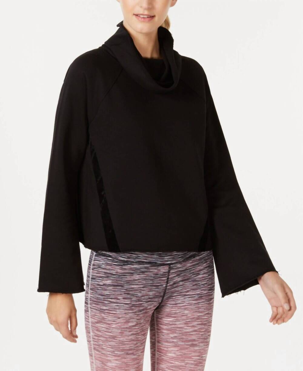 NEW IDEOLOGY activewear cowl neck velour trim top in classic black